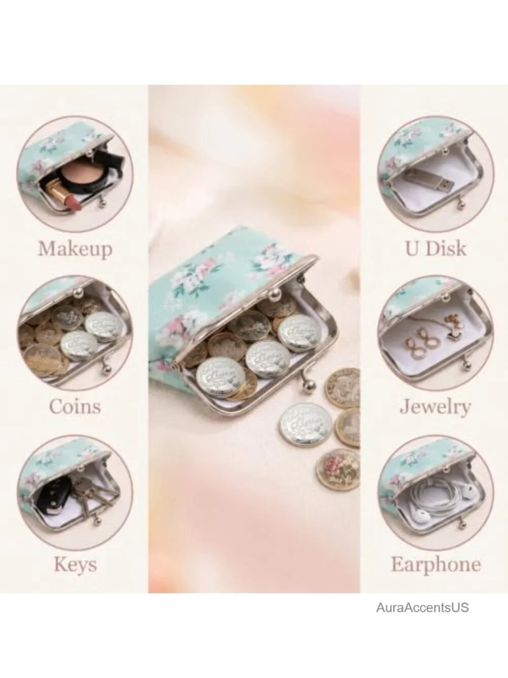 Kiss Lock Coin Purse Floral PU Leather Mini Wallet for Women